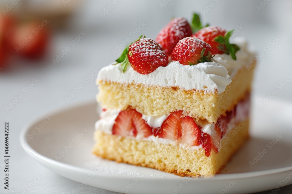 Delicious layered cake topped with fresh strawberries and whippe Delicious layered cake topped with fresh strawberries and whippe