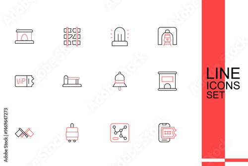 Set line Online ticket booking, Railway map, Suitcase, Flag, Ticket office to buy tickets, Train station bell, Railway, railroad track and icon. Vector