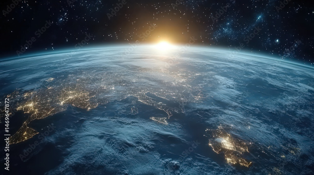 Naklejka premium A futuristic city made of light, suspended in the atmosphere above the Earth