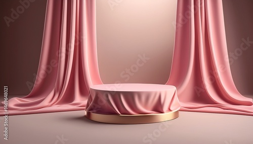 a pink fabric podium rests centrally in a minimalistic product display surrounded by soft flowing drapery and warm inviting lighting that enhances the atmosphere
