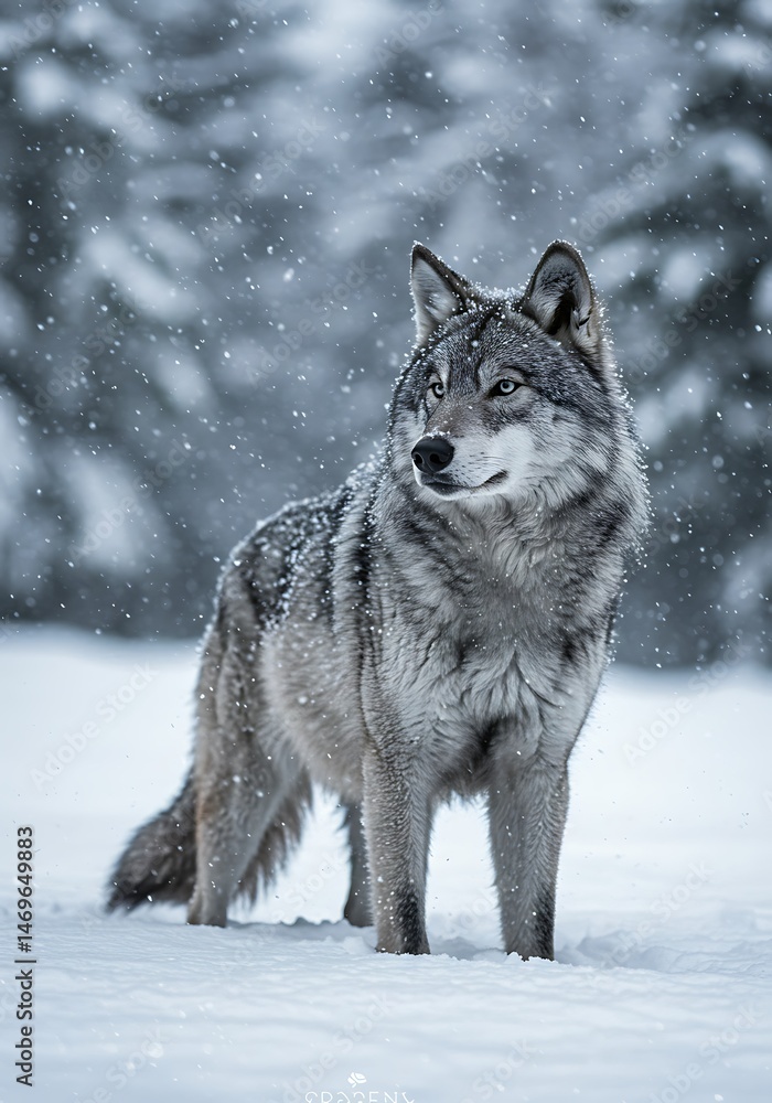 Fototapeta premium Gray Wolf in Winter Wonderland: A Serene Snowfall AI Generated