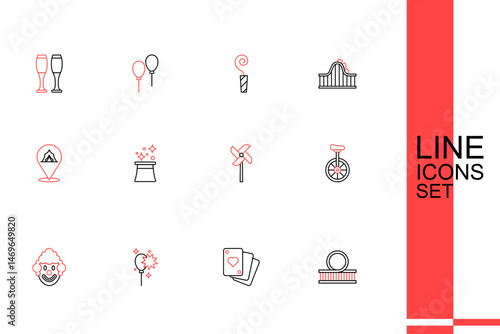 Set line Roller coaster, Playing cards, Balloons with ribbon, Clown head, Unicycle, Pinwheel toy, Magician hat and Circus tent icon. Vector