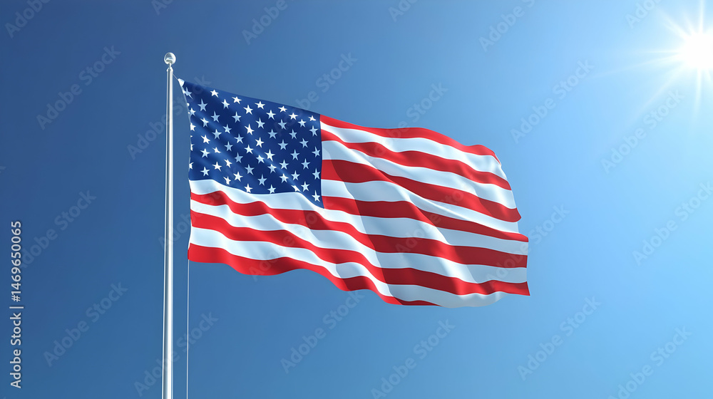 Fototapeta premium American flag waving in the clear blue sky under a sunny atmosphere render