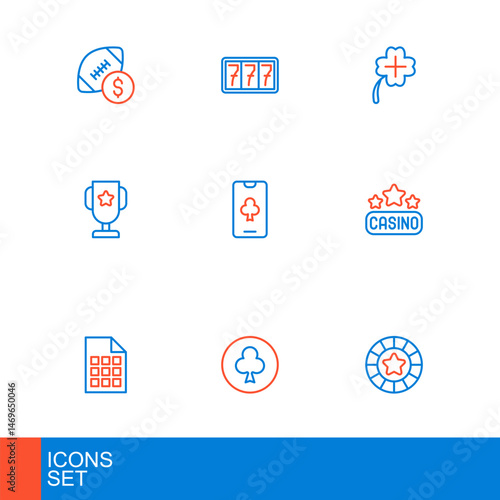 Set line Casino chips, Playing card with clubs symbol, Lottery ticket, signboard, poker trophy cup, Online table game, slot machine clover and Slot jackpot icon. Vector