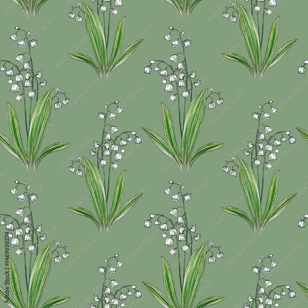 Fototapeta premium Lily of The Valley Background. Lily of The Valley Seamless Pattern. Hand-Drawn Floral seamless background.Flowers Trendy graphics. Lily of The Valley seamless print. Flower pattern