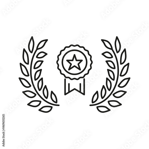 Award Laurel Wreath And Ribbon Icon. Achievement, Excellence, And Recognition Outline Symbol. Victory And Honor Representation. Editable Stroke. Isolated Vector Illustration