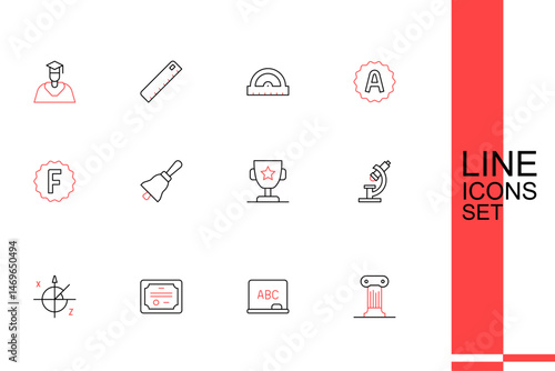 Set line Law pillar, Chalkboard, Certificate template, Trigonometric circle, Microscope, Award cup, Ringing bell and Exam paper with incorrect answers icon. Vector