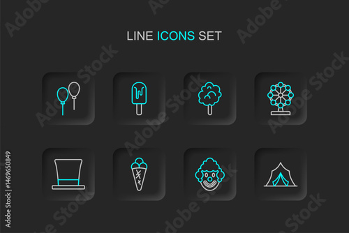Set line Circus tent, Clown head, Ice cream in waffle, Cylinder hat, Ferris wheel, Cotton candy, and Balloons with ribbon icon. Vector