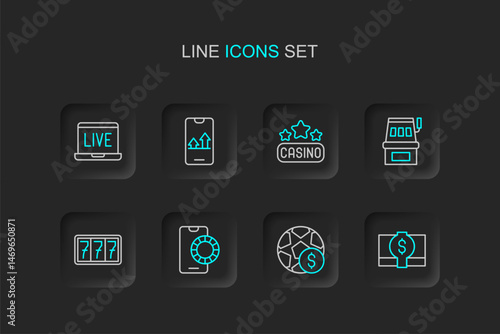 Set line Stacks paper money cash, Football betting, Online sports, Slot machine with jackpot, Casino signboard, and poker table game icon. Vector