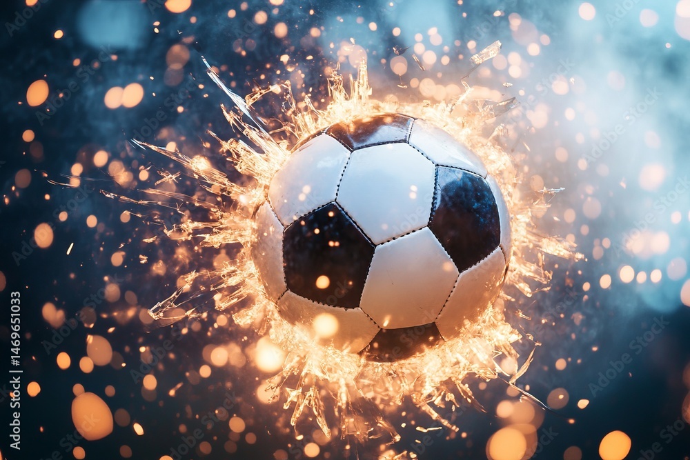 Naklejka premium Exploding soccer ball in dramatic mid-air impact with glass shards and glowing particles