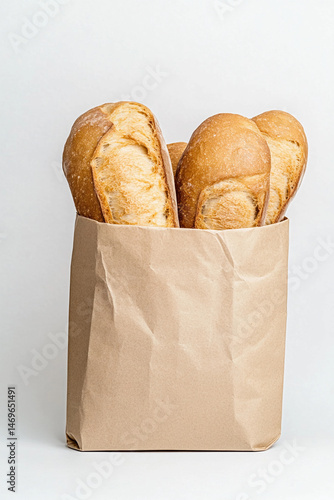 Freshly baked bread in a brown paper bag.
