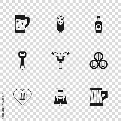 Set Lederhosen, Wooden barrel, beer mug, Sausage on the fork, Beer bottle, Glass of, Salami sausage and Bottle opener icon. Vector