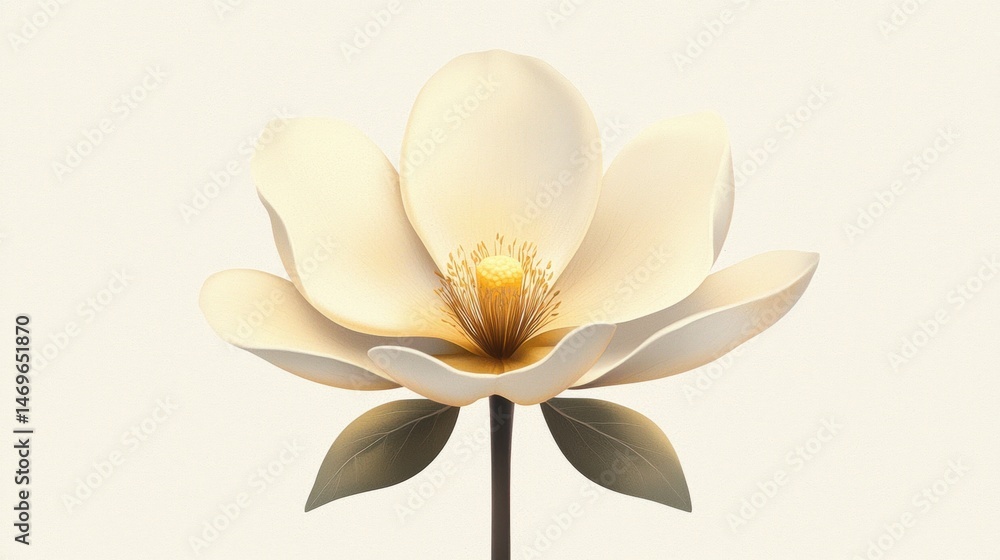 Obraz premium A white flower with a yellow center and green leaves.