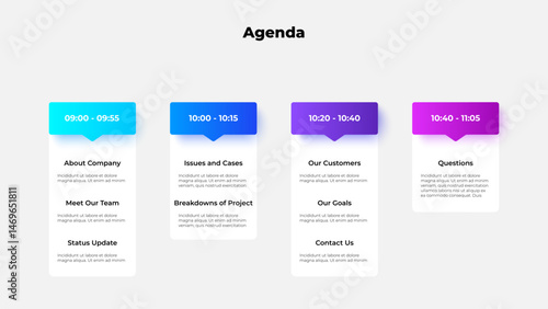 Business agenda template with divisions for time slots, activities, and key topics. Perfect for team meetings, event planning, and professional organization setup