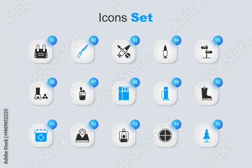 Set Sniper optical sight, Lighter, Hunting gun, Target sport, Tree, Waterproof rubber boot, Bulletproof vest and Open matchbox and matches icon. Vector