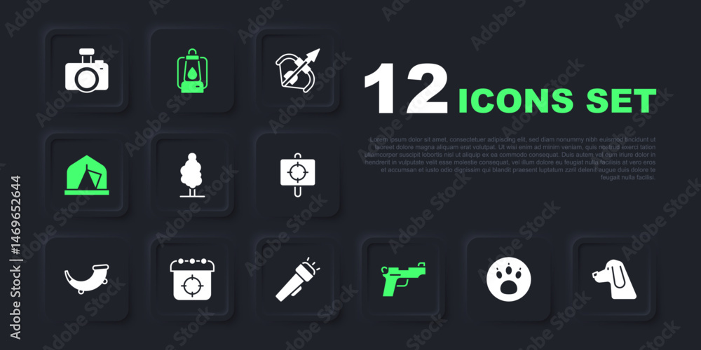 Set Paw search, Hunting dog, Tree, Pistol or gun, Tourist tent, Target sport, Camping lantern and Flashlight icon. Vector Set Paw search, Hunting dog, Tree, Pistol or gun, Tourist tent, Target sport, Camping lantern and Flashlight icon. Vector