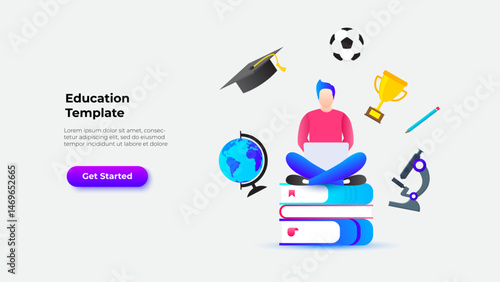 Student with a laptop sitting on books surrounded by educational and achievement symbols such as a globe, graduation cap, and trophy, symbolizing education and academic success