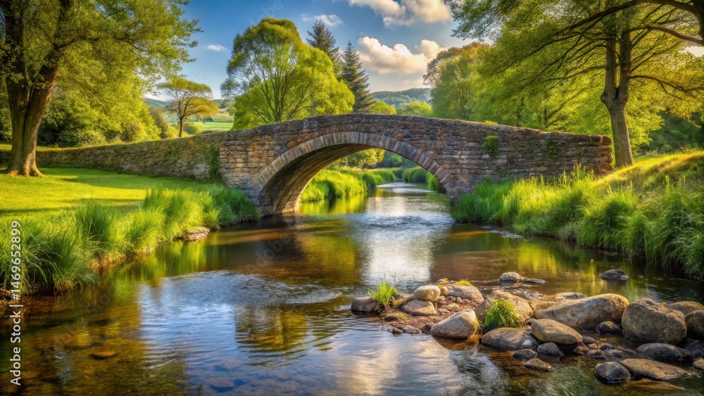 Fototapeta premium Stone bridge over brook, serene countryside scene, rustic bridges , nature scenery, rustic bridges