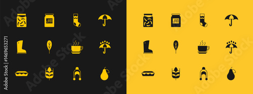 Set Umbrella, Wheat, Coffee cup, Winter hat, Leaf, Socks, Pickled cucumbers jar and Jam icon. Vector