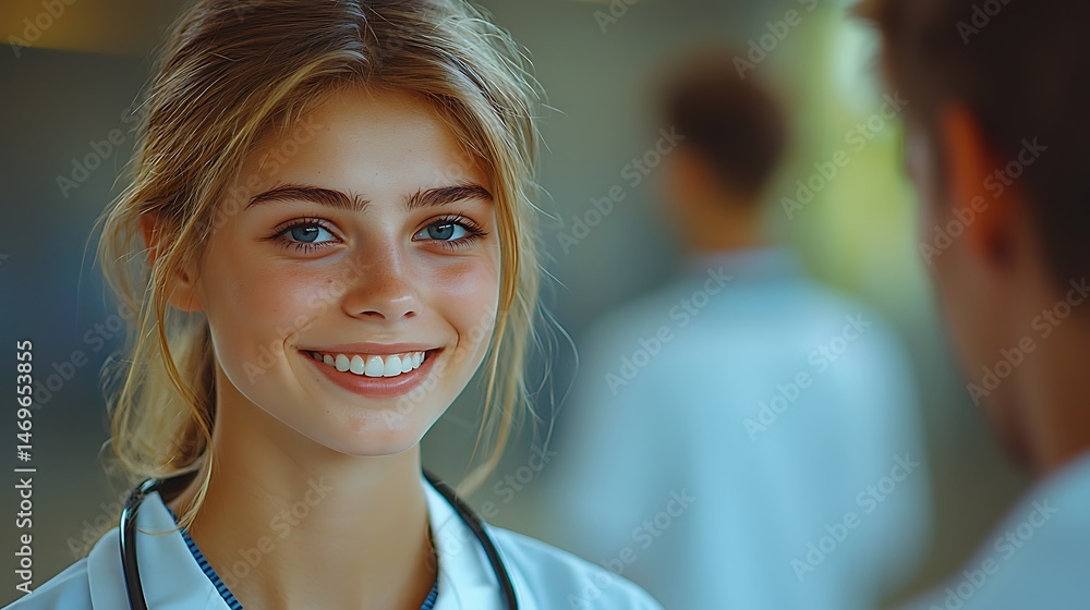 Fototapeta premium Smiling female medical professional interacting with a colleague.