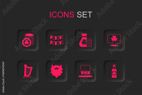 Set Mustache and beard, Carnival garland with flags, Golden leprechaun coin, Leprechaun hat, Clover trefoil leaf, Beer bottle clover, Money bag and Harp icon. Vector