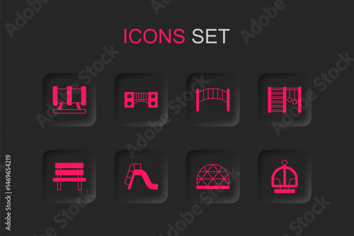 Set Slide playground, Playground kids bridge, Kid slide pipe, climbing equipment, Swedish wall, Attraction carousel, and Bench icon. Vector