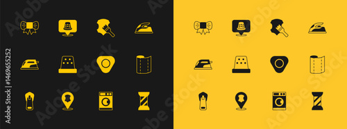 Set Electric iron, Leather, Sewing chalk, Washer, Thimble for sewing, Gift bow and icon. Vector