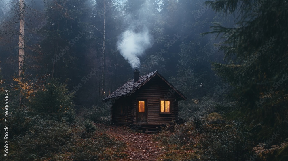 A small wooden cabin deep in the forest, smoke rising from the chimney A small wooden cabin deep in the forest, smoke rising from the chimney