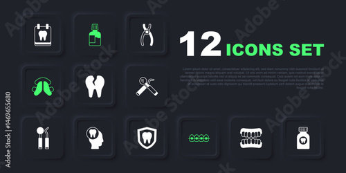 Set Dentures model, Toothache painkiller tablet, Broken tooth, Teeth with braces, Dental plate, Mouthwash and protection icon. Vector