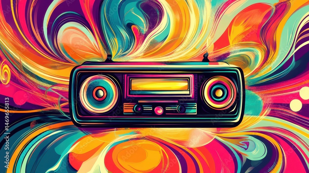 Fototapeta premium Retro radio with colorful abstract background. Vintage radio receiver with vibrant swirls and waves. Nostalgic radio art with psychedelic design elements.