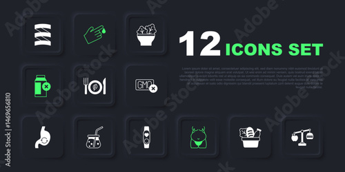 Set Shopping bag and food, Calorie calculator, Vegan diet, Obesity, Lactose intolerance, Fresh smoothie, Finger blood and Smart watch with heart icon. Vector