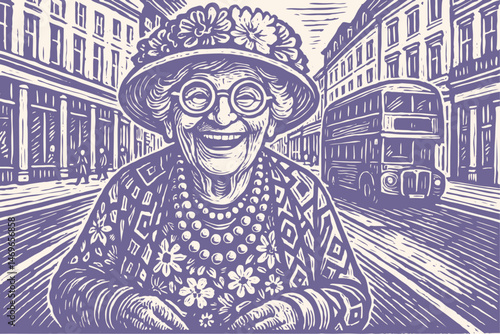 Vector illustration: Joyful elderly woman in a floral hat and glasses on a city street. Classic double-decker bus in background. Vintage engraving/linocut style.