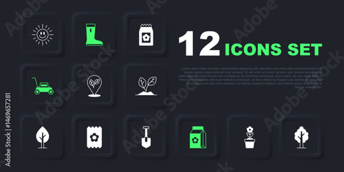 Set Flower in pot, Tree, Location with leaf, Pack full of seeds, Lawn mower, Waterproof rubber boot and Shovel icon. Vector