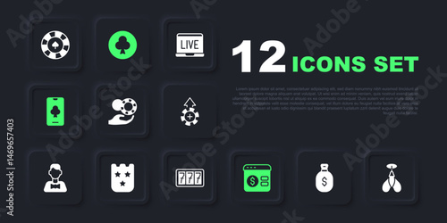 Set Money bag, Dart arrow, Hand holding casino chips, Online poker table game, Lottery ticket, Playing card with clubs symbol and Slot machine jackpot icon. Vector