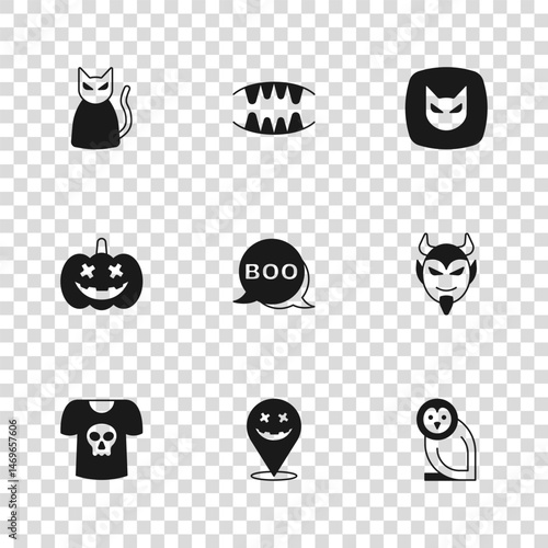 Set Happy Halloween holiday, Devil head, Owl bird, Boo speech bubble, Black cat, Vampire teeth and Pumpkin icon. Vector