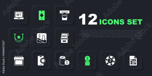 Set Casino chips, Lottery ticket, Financial growth decrease, with dollar, Horseshoe, Online sports betting, poker table game and icon. Vector