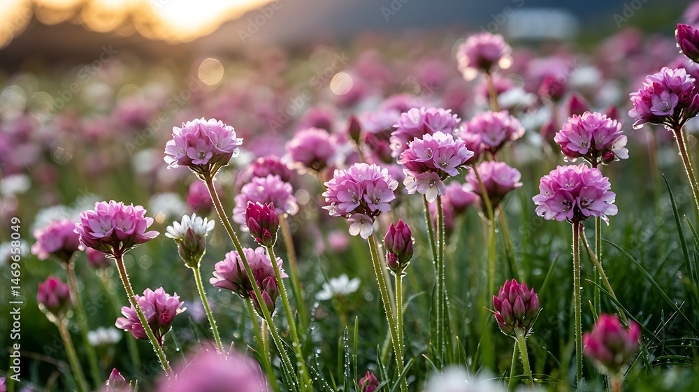 Fototapeta premium Field Of Pink Sea Thrift Flowers Blooming At Sunset With Soft Golden Light