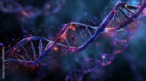 glowing dna strand: microscopic view of genetic code