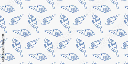 Pattern of ice cream cones in blue against a white background suitable for various designs