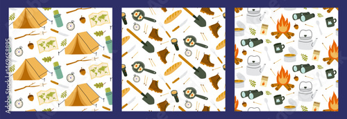 Camping essentials pattern featuring tents, maps, and cooking items for outdoor adventures