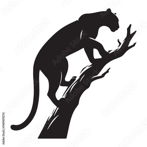 Alert jungle predator tree-climbing jaguar silhouette ideal for canopy visuals – tree-climbing jaguar vector – tree-climbing jaguar illustration – silhouette of tree-climbing jaguar

