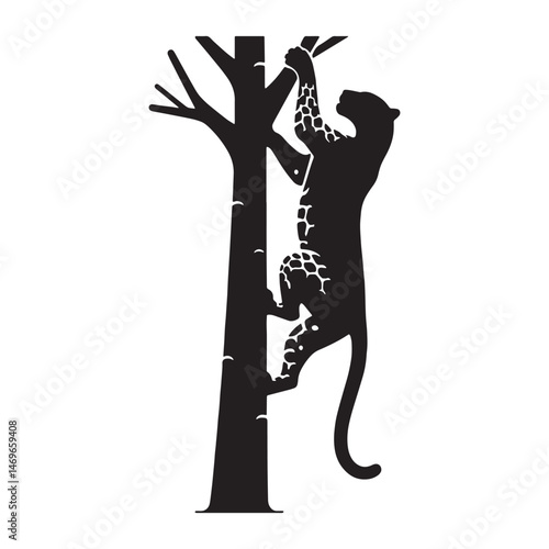 Jungle stalker tree-climbing jaguar silhouette ideal for stealth wildlife art – tree-climbing jaguar vector – tree-climbing jaguar illustration – silhouette of tree-climbing jaguar

