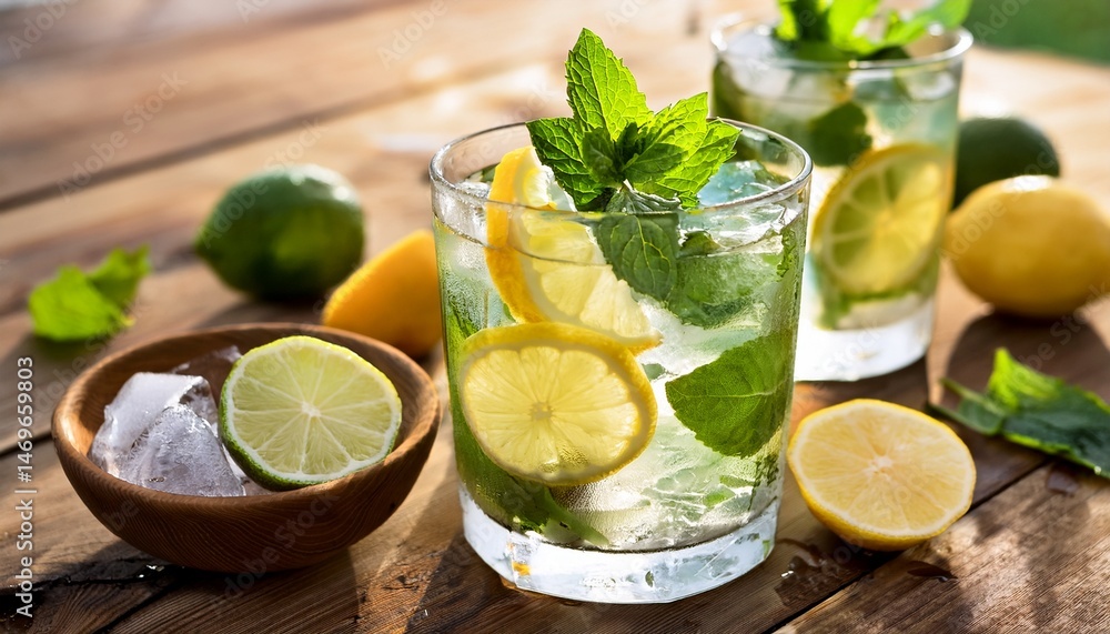 Fototapeta premium mojitos or tonic with lemon lime mint and ice served on wood a cool summer drink with citrus fruit perfect for a bright day space for text