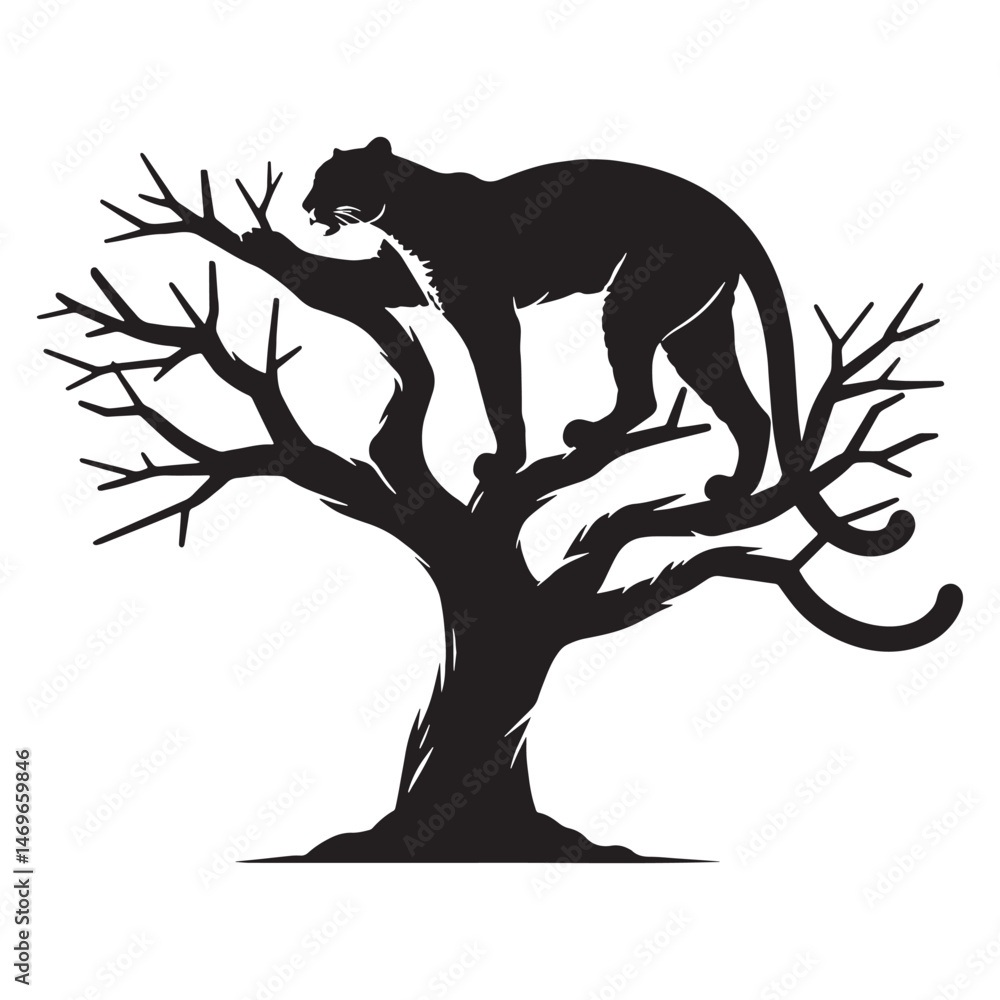 Fototapeta premium Agile and strong tree-climbing jaguar silhouette ideal for jungle predator themes – tree-climbing jaguar vector – tree-climbing jaguar illustration – silhouette of tree-climbing jaguar