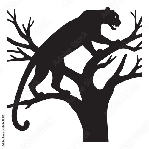 Powerful and stealthy tree-climbing jaguar silhouette perfect for rainforest scenes – tree-climbing jaguar vector – tree-climbing jaguar illustration – silhouette of tree-climbing jaguar

