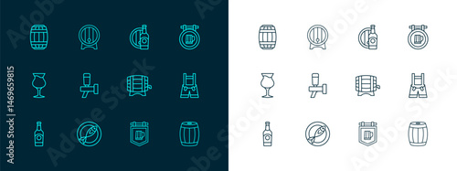 Set line Street signboard with beer, Dried fish, Wooden barrel on rack, Beer tap, bottle and wooden, and icon. Vector