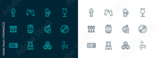 Set line Glass of beer, Lederhosen, Beer bottle and wooden barrel, Wooden, and icon. Vector
