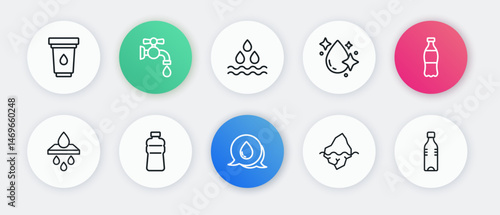 Set line Water drop with speech bubbles, Bottle of water, filter cartridge, Iceberg, and icon. Vector