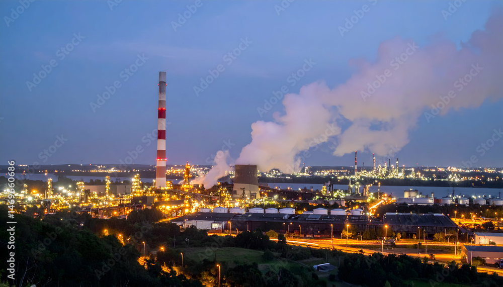 Fototapeta premium Night View of Illuminated Industrial Complex with Smoke