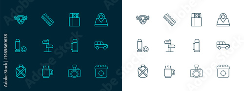 Set line Hunt place, Coffee cup, Thermos container, Photo camera, Road traffic sign, Open matchbox and matches, Deer antlers shield and Hunting cartridge belt icon. Vector